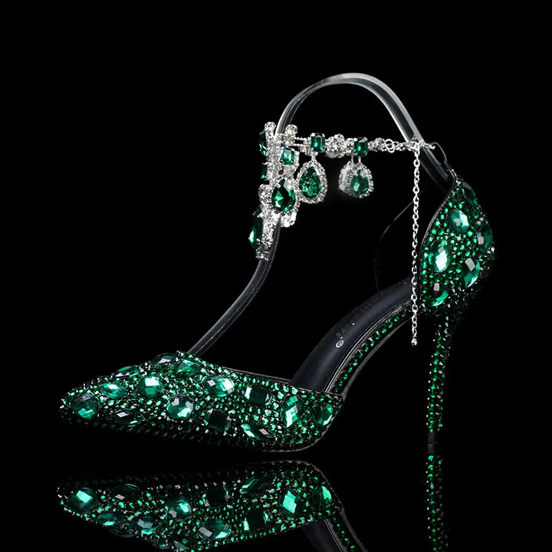 2024 Autumn Slim Heels Shallow Mouth Luxury Blue Water Diamond Pearl Women Single Shoes 9CM Wedding Party Shoes Sandalias Mujer