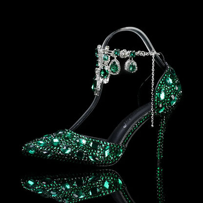 2024 Autumn Slim Heels Shallow Mouth Luxury Blue Water Diamond Pearl Women Single Shoes 9CM Wedding Party Shoes Sandalias Mujer