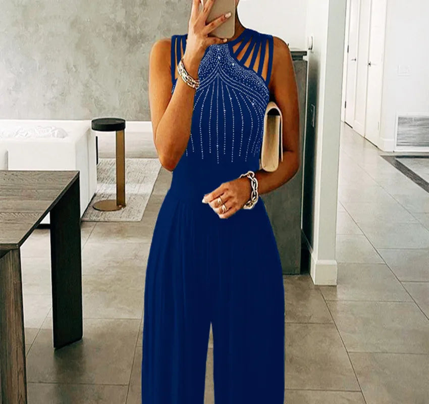 Mandylandy Wide Leg Jumpsuit Waist Diamond Sleeveless Solid Color Rompers Summer Jumpsuits Women O-neck Straight Pants Jumpsuits