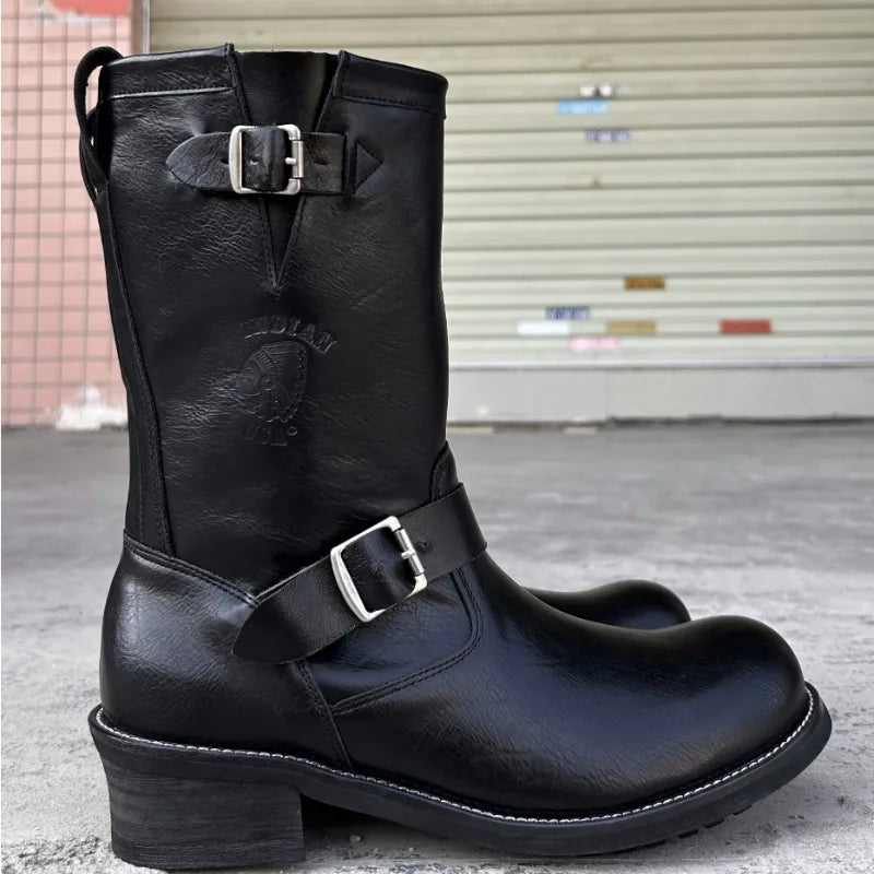 Retro Genuine Leather British Long Chelsae Boots Knee High Buckle Strap Riding Botas Moto Thick Heel Engineer Boots