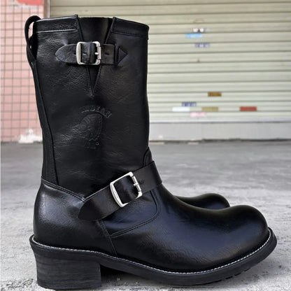 Retro Genuine Leather British Long Chelsae Boots Knee High Buckle Strap Riding Botas Moto Thick Heel Engineer Boots