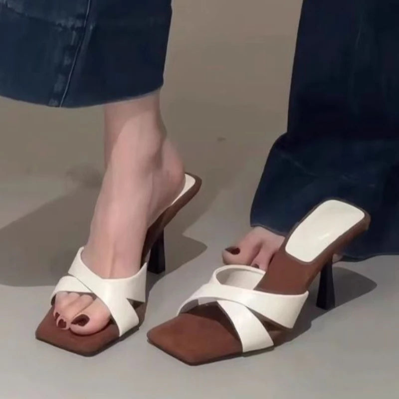 Square Toe Women's High Heels Slippers Elegant Sandals Fashion Shoes Dress Pumps Woman Slides New Luxury Female Flip Flops