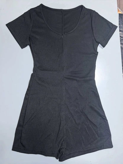 Womens Playsuits Yoga Low Neck Slim Fit Short Sleeve Jumpsuits Stretch One Piece Romper Sexy Fitness Female Sportwears Zipper