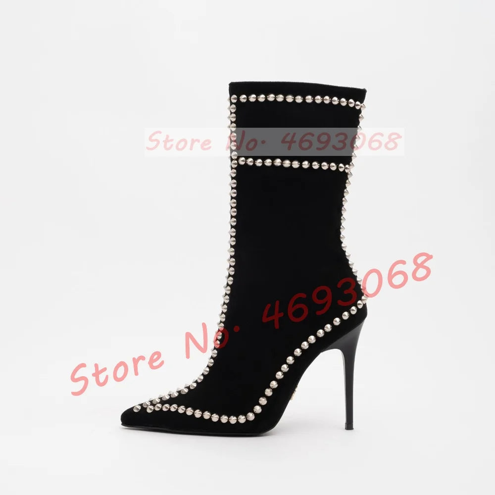 Pointed Toe Rivets Trim Heeled Ankle Boots Women Trendy Bling Studded Suede Leather Booties Luxury Side-zip Metal Dacor Shoes