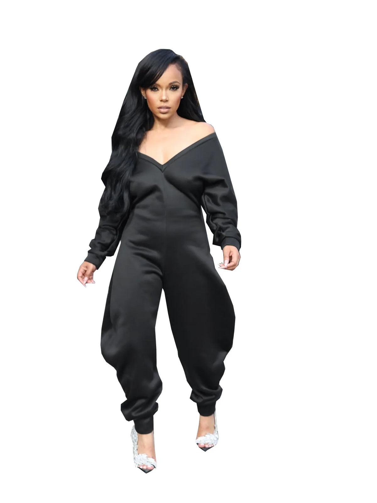 GLCMYAYA Women Long Sleeve V-neck Loose Jumpsuits 2025 Winter Autumn One Piece Set Party Casual Fitness Streetwear Outfits