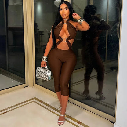 Stylish Lady Halter Jumpsuit Women Metal Ring Cutout Splicing Bodycon Capri Jumpsuit Backless Hollow Out Slim Club Party Romper