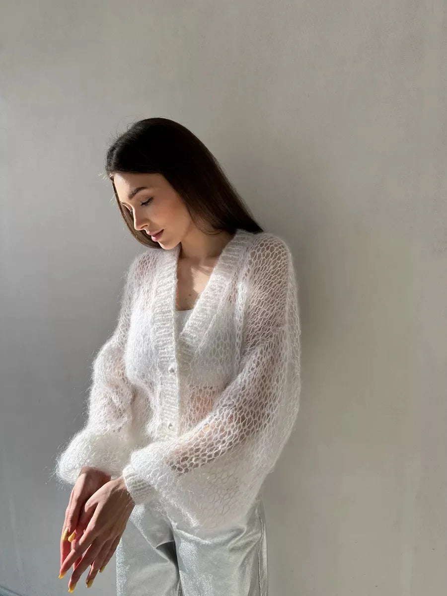 Women Knitting Cardigan 2026 New Women Mohair Knit Cardigan Hollow Out Sheer Long Sleeve Casual Knitted Outerwear Sweater