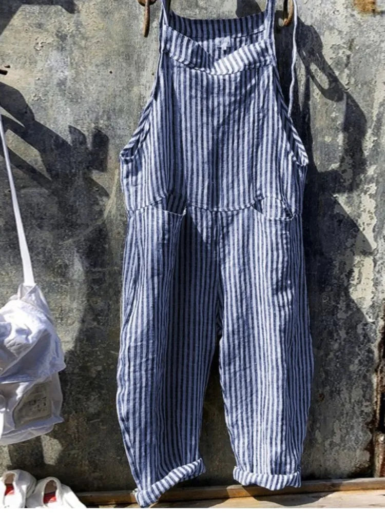 Women's Stripe Jumpsuits Cargo Pants Wide Leg Pants Trousers Multicolor Ethnic Bib Sleeveless Casual Loose Jumpsuit With Pockets