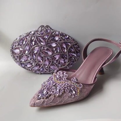 INSIGHTLINK Lady Stones Shoes and Bag Sets for Evening Purses Party Rhinestone Luxury Heels Sandals Set for Party Elegant Pumps