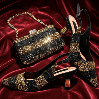 Black Gold Rhinestone Pointed Toe Mid Heels Women Party Wedding Slingback Shoes Matching Crystal Evening Clutch Bag Shoes Set