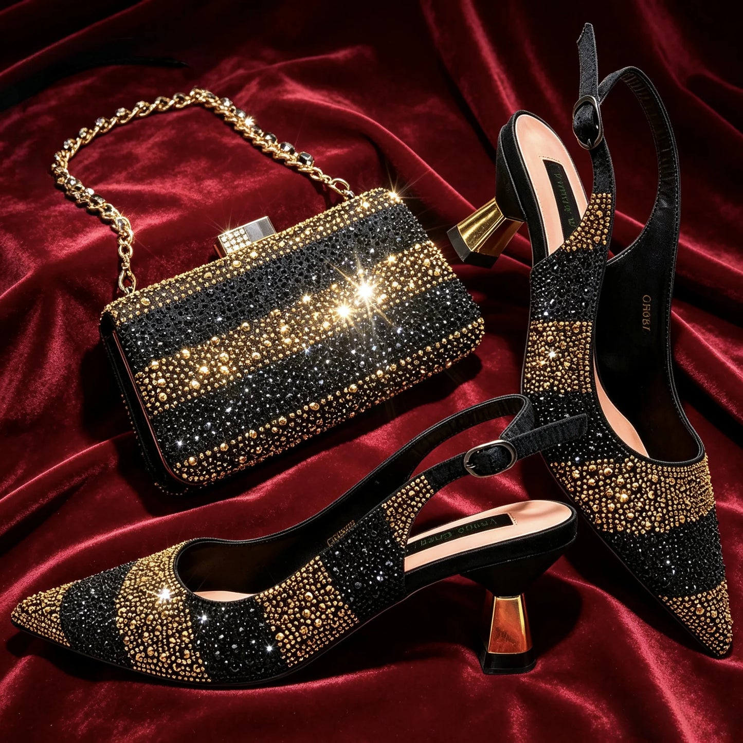 Black Gold Rhinestone Pointed Toe Mid Heels Women Party Wedding Slingback Shoes Matching Crystal Evening Clutch Bag Shoes Set