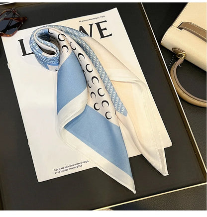 100% Natural Mulberry Silk Square Scarf 53x53cm Blue White Moon Print Women Neck Scarf Headband Bag Scarf Elegant Gift
