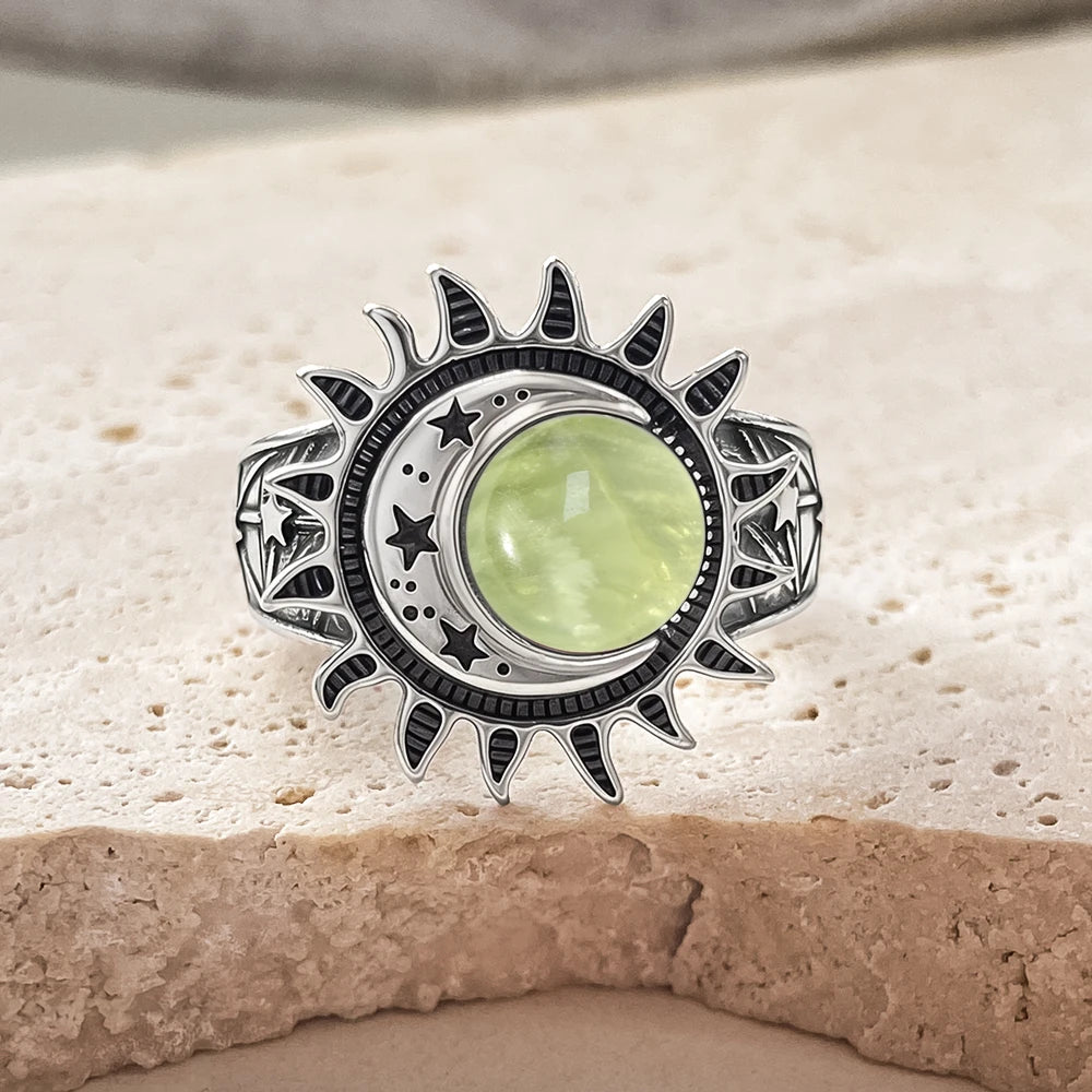 925 Sterling Silver Natural Moonstone Ring 8MM Bohemian Star Sun Moon Shape Ring Gothic Punk Style Party Gift for Women Men