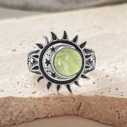 925 Sterling Silver Natural Moonstone Ring 8MM Bohemian Star Sun Moon Shape Ring Gothic Punk Style Party Gift for Women Men