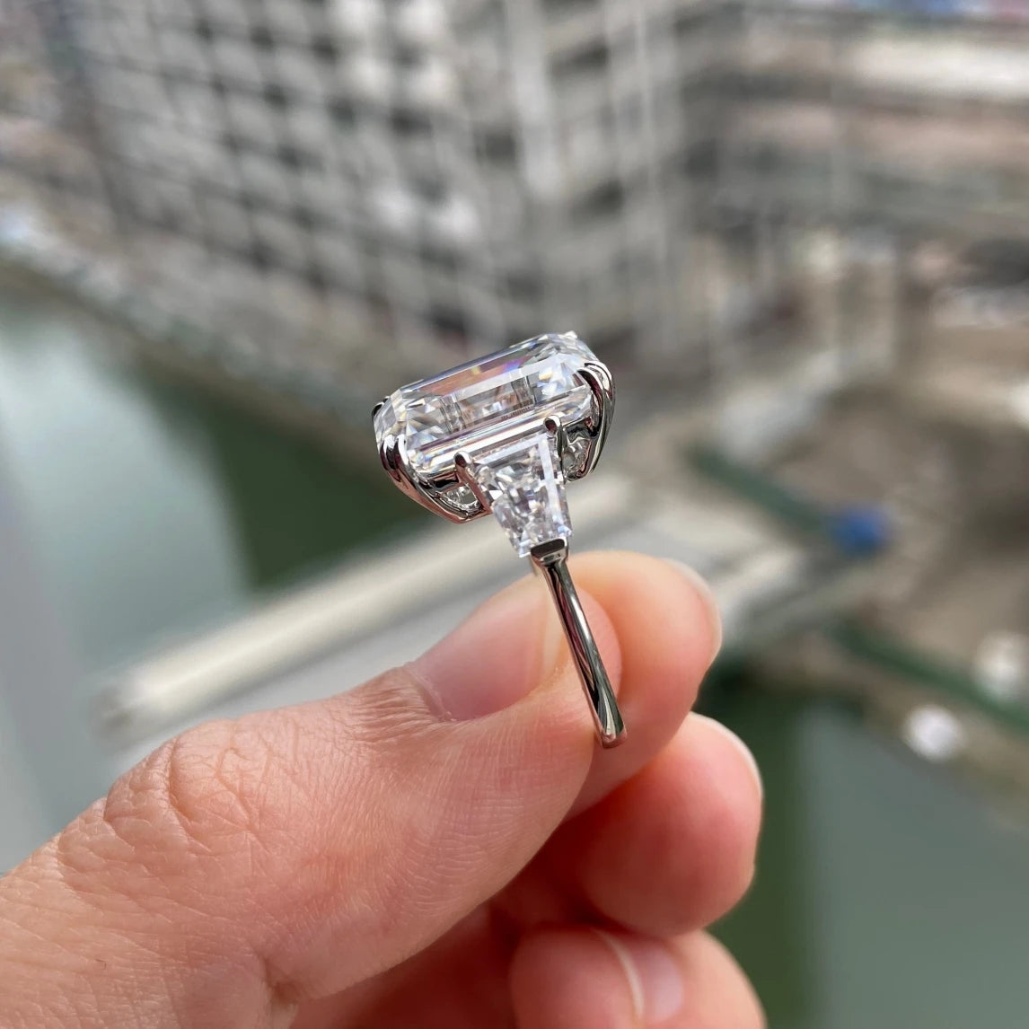 JOVOVASMILE Moissanite Engagement Ring Diamond Real 18k Gold 8 Carat 13x9mm Emerald Cut Two Full Flanking Tapered Baguette Band