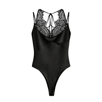 Women's Jumpsuit 2026 Spring New Solid Color Halter Neck Lace Splice Sexy Slim-Fit Romper Personalized Fashion