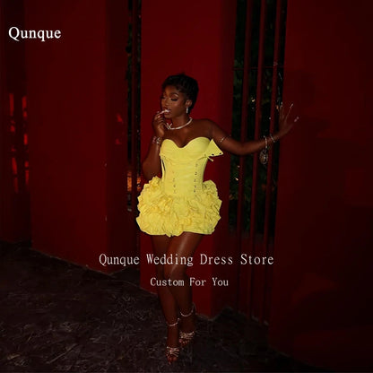 Qunque Yellow Birthday Dresses Black Girl Sweetheart Mini Prom Dresses Ruffles Wedding Party Dress Robes De Soirée Customized