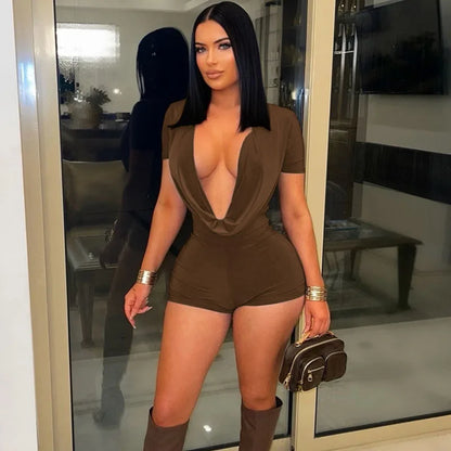 Sexy Deep V-neck Solid Bodycon Romper for Woman Jumpsuits Short Sleeve Skinny One Pieces Playsuit Club Party Combishort Femme