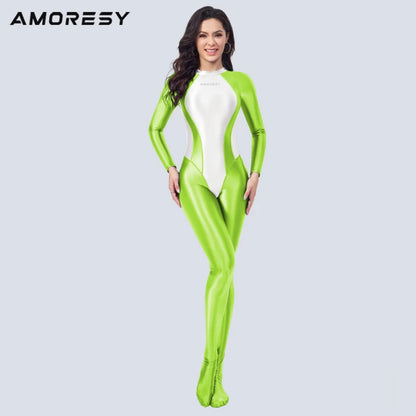 AMORESY satin Glossy Tights Long sleeved color blocked tight jumpsuit XClocKNYoung series Hot Spring Sports Yoga Tights