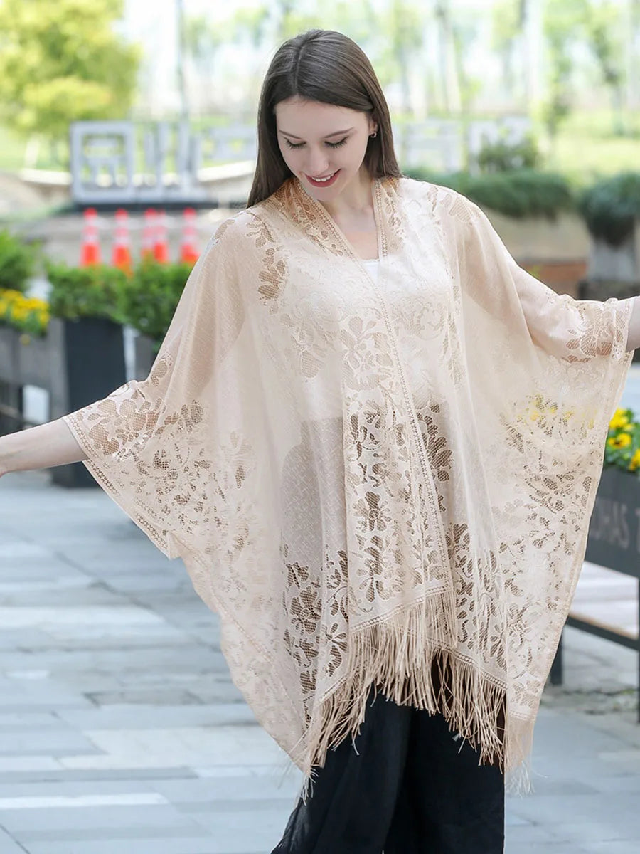 New Leakage Cardigan Shawl Lace Tassel Women's Fashion Versatile High-End Solid Color Hollow Tourism Vacation Beach Cape Sunscre