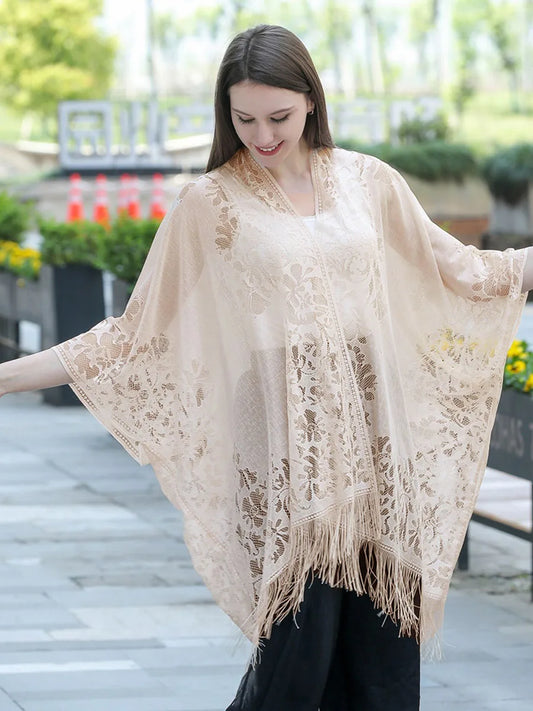 New Leakage Cardigan Shawl Lace Tassel Women's Fashion Versatile High-End Solid Color Hollow Tourism Vacation Beach Cape Sunscre