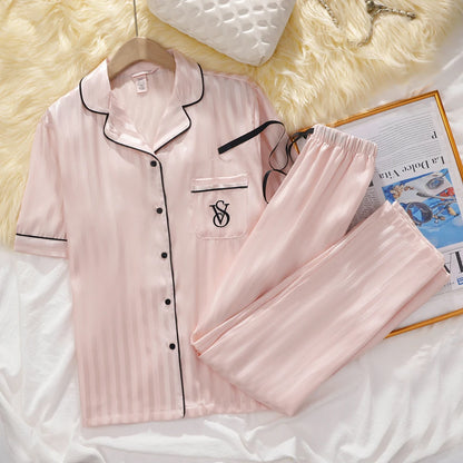 Victoria's Secret Suit Womens Silk Satin Pajamas Set Short Sleeve Shorts Sleepwear Loungewear Soft Breathable Button Down Pyjama