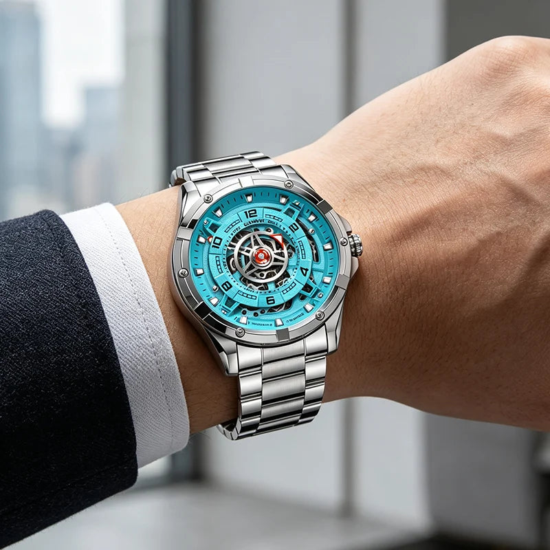 GLENAW Men Mechanical Watches Casual Outdoor Wristwatch Men Top Luxury Automatic Hollowed Watch Male Stainless Steel Waterproof