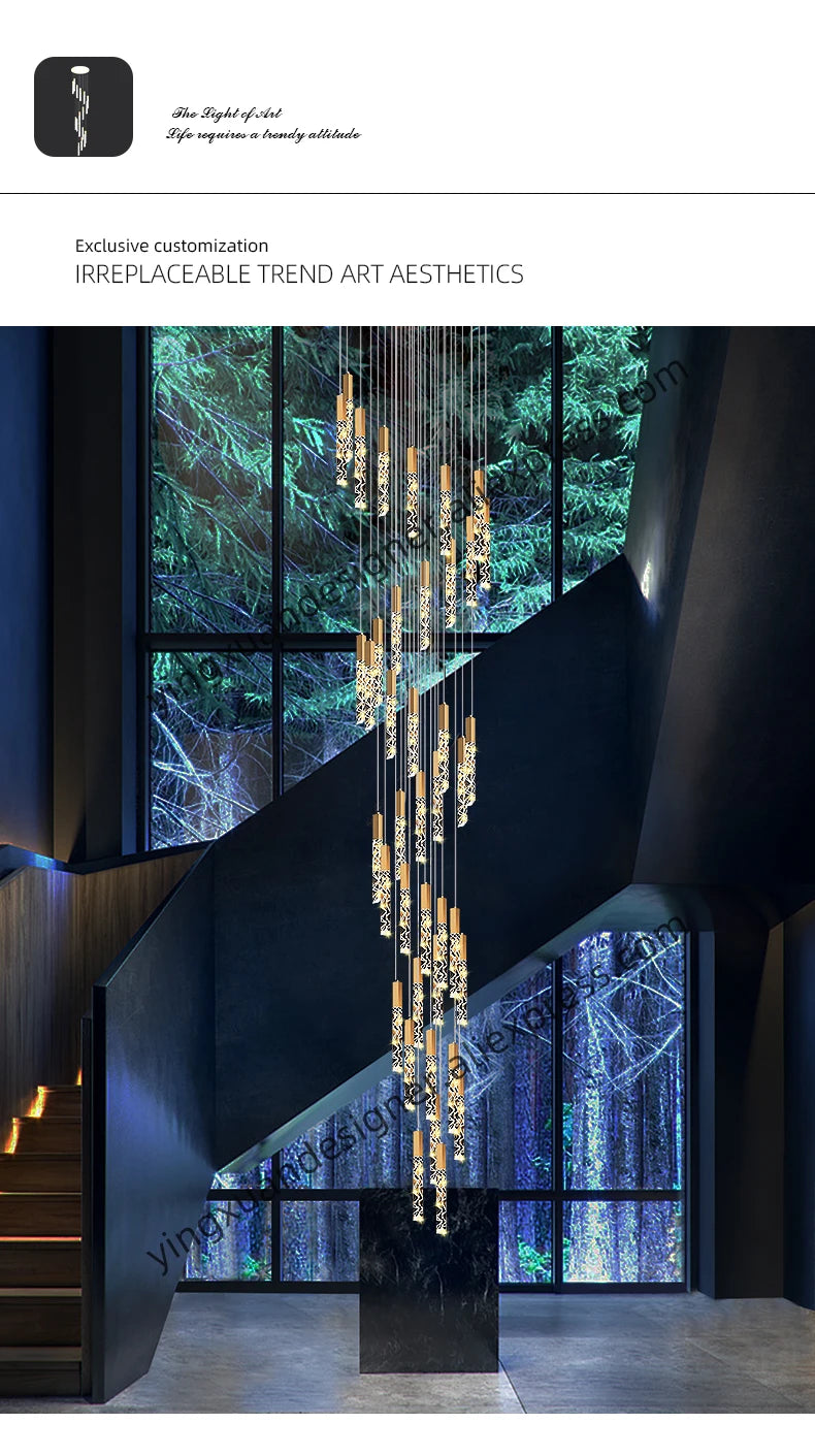 Crystal Staircase Pendant Lamp Modern Gold Lighting Fixture Ceiling Hang Pendant Light Luster Indoor Villa Loft Stair Chandelier