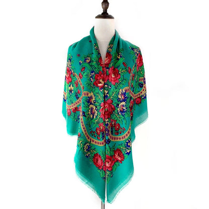 130*130cm Breathable Thin Russian Square Scarf Women Luxury Floral Print Ethnic Retro Bandana Shawl Foulard Femme Beach Stole