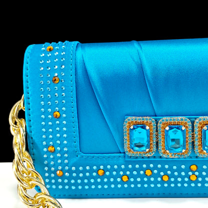QSGFC 2026 Summer New Design Specials Italian Women Shoes and Bag Set Sky Blue Color Comfortable Low Heels With Rhinestone