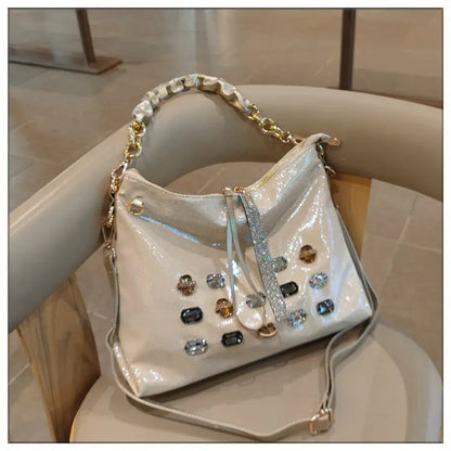 2026 New Fashion Diamonds Women Handbags Genuine Leather Tote Bag Large Capacity Work Commute Leisure Versatile Shoulder Bags