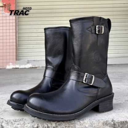 Retro Genuine Leather British Long Chelsae Boots Knee High Buckle Strap Riding Botas Moto Thick Heel Engineer Boots