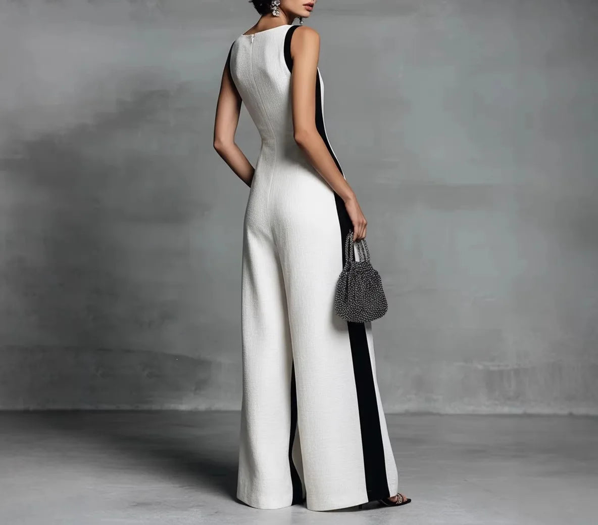 Women's Color Block V Neck Jumpsuit, Sleeveless Wide Leg Romper With Pockets for Party Work Date