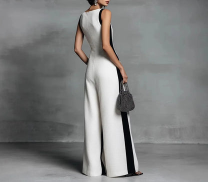 Women's Color Block V Neck Jumpsuit, Sleeveless Wide Leg Romper With Pockets for Party Work Date
