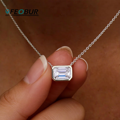 FEOBUR 2CT Emerald Cut Moissanite Pendant Necklace S925 Silver Certified Bezel Set Lab Diamond NeckChain for Women Jewelry Gifts
