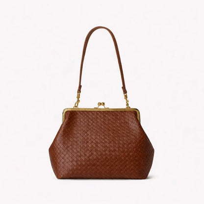 2026 Retro Leather & Straw Woven Bag – Kiss Lock Frame Shell Clutch, Large Capacity Shoulder Tote for Commute Beach Evening