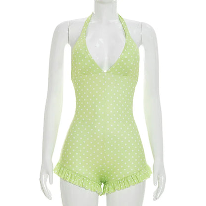 HLJ&GG Sexy Hot Girl Polka Dot Print Ruffle Bodycon One Piece Rompers Women Halter Backless Lace Up Playsuits Fashion Overalls