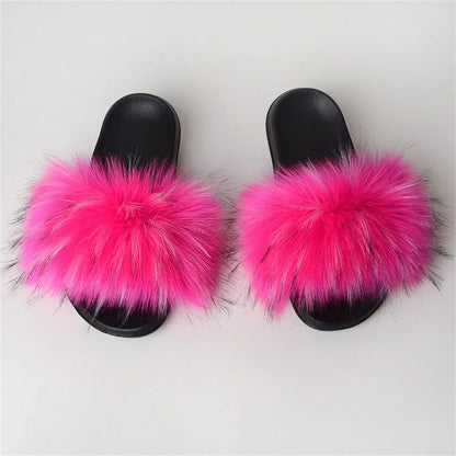 Women's Summer Faux Fur Fox Fur Slippers Fashion Luxury Indoor and Outdoor Non-Slip Solid Color Flat Bottom Furry Sandals