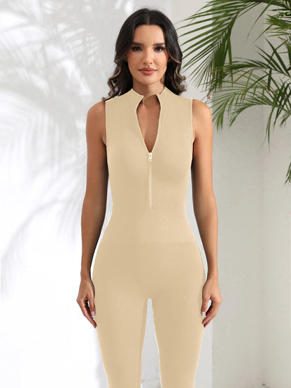 Ribbed Sleeveless Zip Front Sport Jumpsuits Women Yoga Jumpsuits Workout Ribbed Seamless One Piece Jumpsuits Zip Up Bodycon