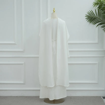 White Pearl Trim Cape Maxi Dress Women Elegant Long Sleeve Cinched Waist Muslim Robes 2026 Spring EID Abaya Lady Dresses