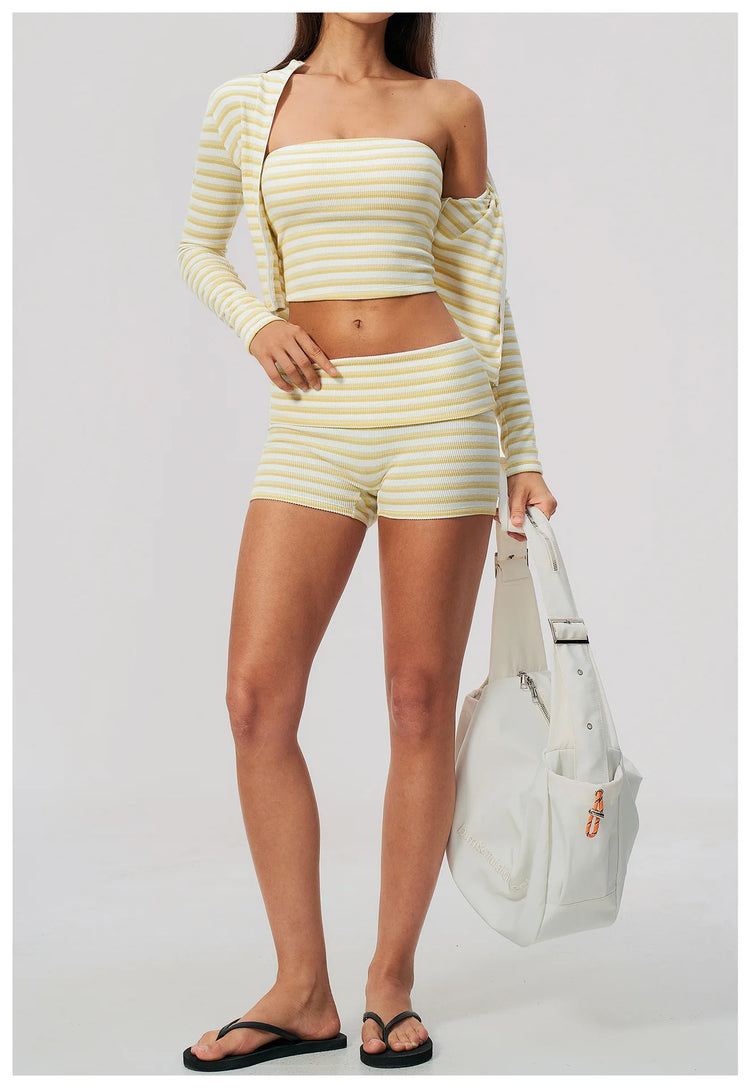 Women 2/3pcs Yoga Set Gym Clothing Fitness Suit Workout Tracksuit Outfits Ribbed Striped Strapless Tube Top Zipper Long Sleeve