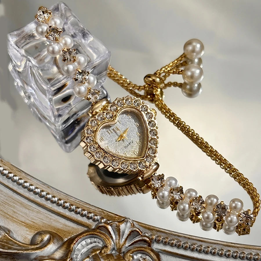 Elegant Heart-Shaped Watch with Double-Row Diamond Pearl Bracelet & Drawstring Closure
