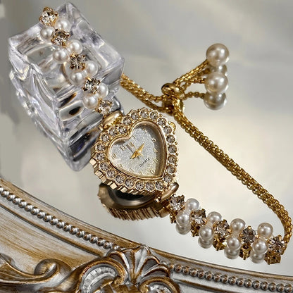 Elegant Heart-Shaped Watch with Double-Row Diamond Pearl Bracelet & Drawstring Closure