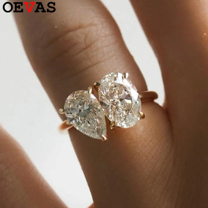 OEVAS Two Stones Pear Cut Moissanite Rings S925 Silver Plated 18K Gold Toi Et Moi Wedding Band For Women Engagement Fine Jewelry