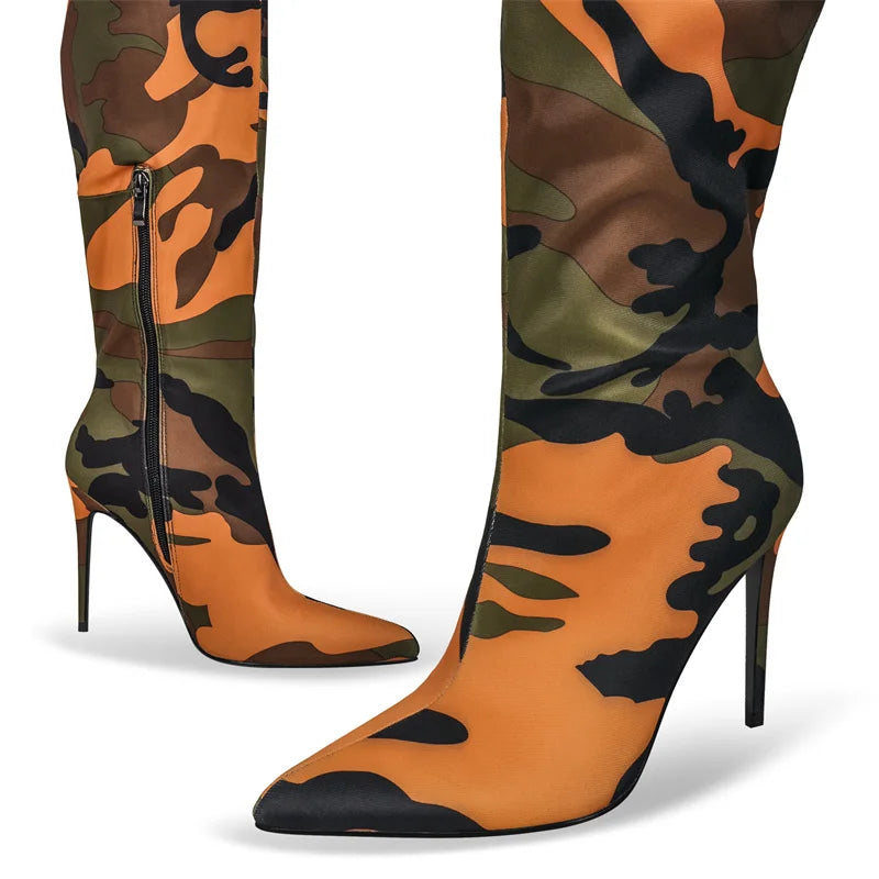 Onlymaker Womens Mixed Colors  CamouflageOver The Knee Boots Thin Heel Pointy Colorful Print  Thigh High Boots