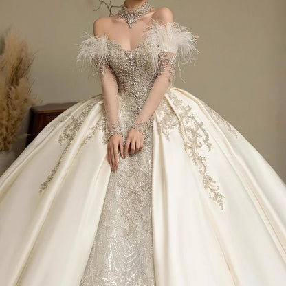 Customized Vestido De Noiva Strapless Sleeveless Wedding Dresses 2025 For Women Beads Sewn Ivory Lace Bride Boho Bridal Gown 096