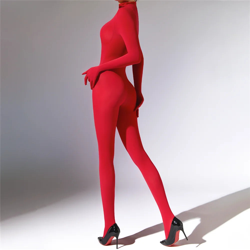 Plus Size Sexy Women 120D Five Finger Glove Sleeve Bodysuit Seamless Tight Warm High Elastic Shaping Cosplay Unisex Fit Jumpsuit