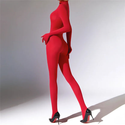 Plus Size Sexy Women 120D Five Finger Glove Sleeve Bodysuit Seamless Tight Warm High Elastic Shaping Cosplay Unisex Fit Jumpsuit
