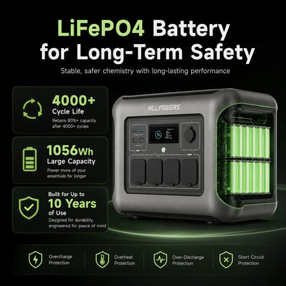 Portable Power Station 1600W 1056Wh LiFePO4 Battery Solar Generator Outdoor Camping Power Supply UPS Backup Energy Storage