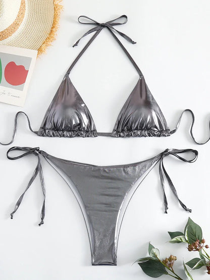 Sexy Metallic Halter Bikinis Sets Lace Up Triangle Tie Side Bikini 2026 Swimsuit Women Swimwear Brazilian Female Bathing Suits